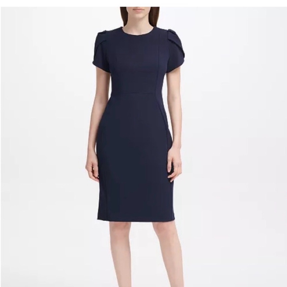 Calvin Klein Navy Puff-Sleeve Midi Sheath Dress